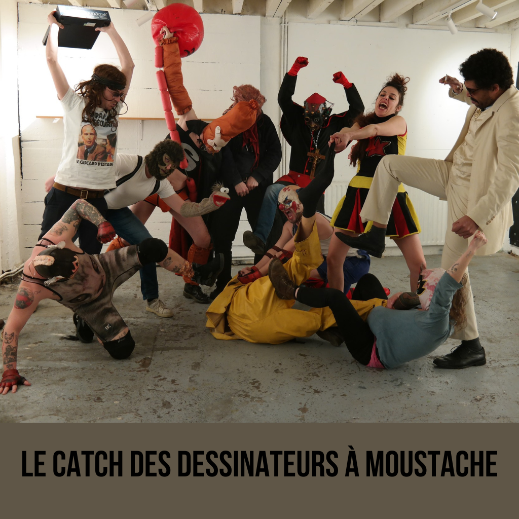 11 catcheurs posant pour la promo de leur spectacle : le catch des dessinateurs à moustache